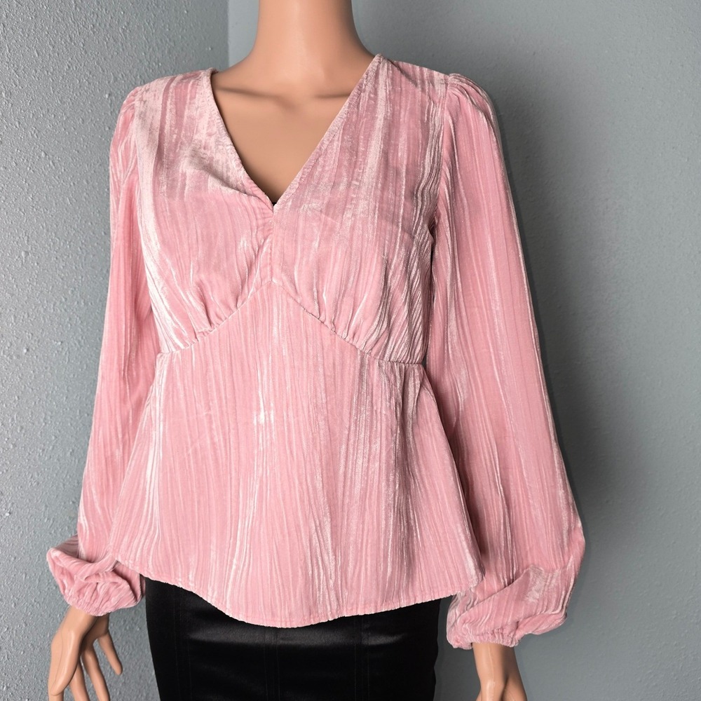NWT GAP XS Pink‎ Velvet Babydoll Top Cavan Rose Long Balloon Sleeve Peplum
